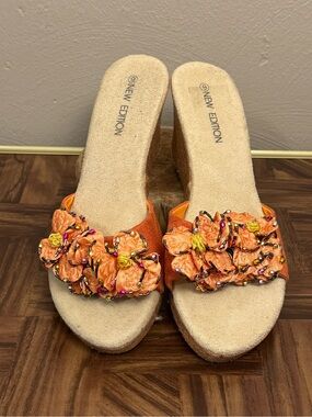 Women’s Y2K Wedge Platform Satin Sequin Flower Sandals New Edition Size 9